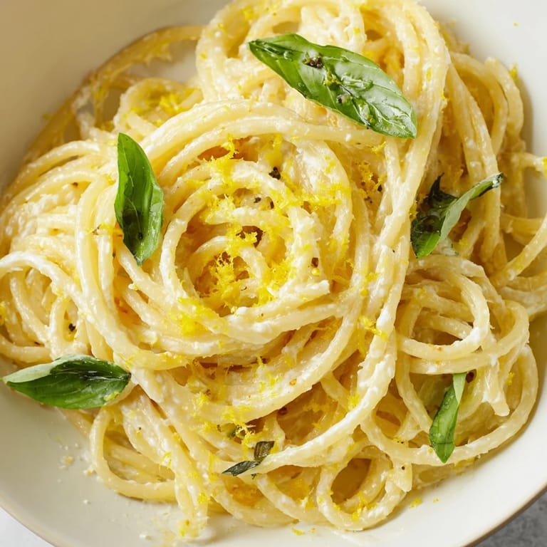 Close-up of Lemon Ricotta Pasta in a skillet, showing creamy ricotta sauce clinging to noodles.