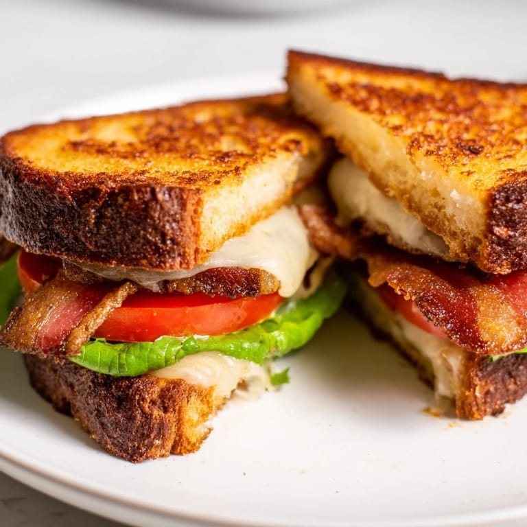 Fresh Vegan Bacon BLT Grilled Cheese served with a side of soup, highlighting melted cheese and vibrant vegetables.