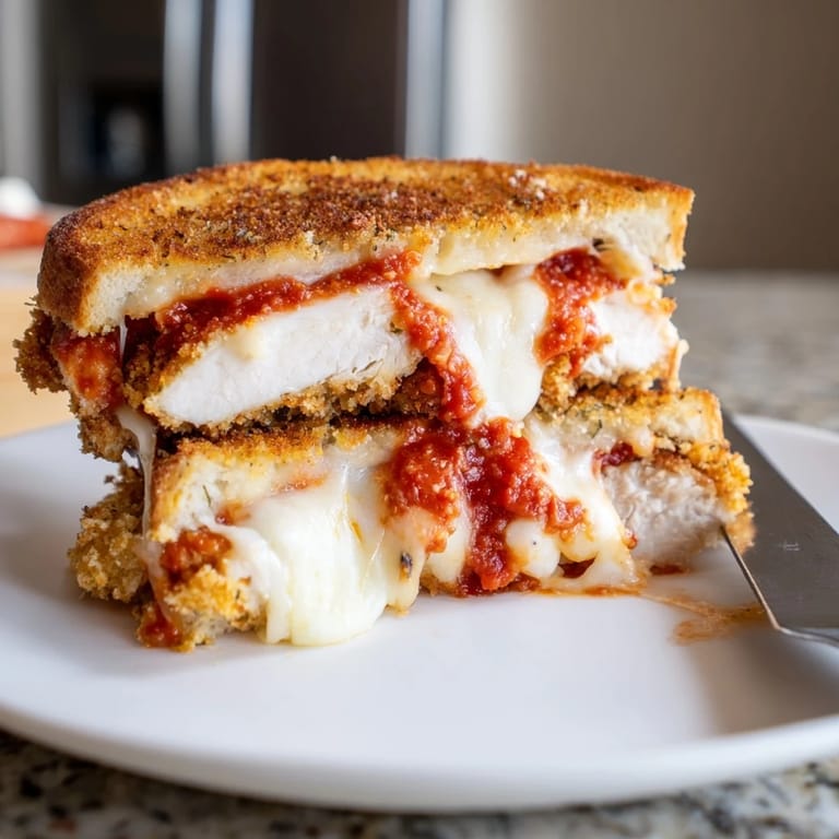 Gooey mozzarella melts over crispy chicken inside a toasted Chicken Parm Grilled Cheese sandwich.