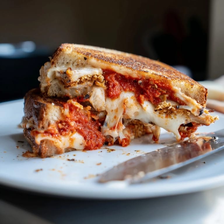 Sliced Chicken Parm Grilled Cheese revealing layers of tender chicken, red marinara sauce, and herbs.