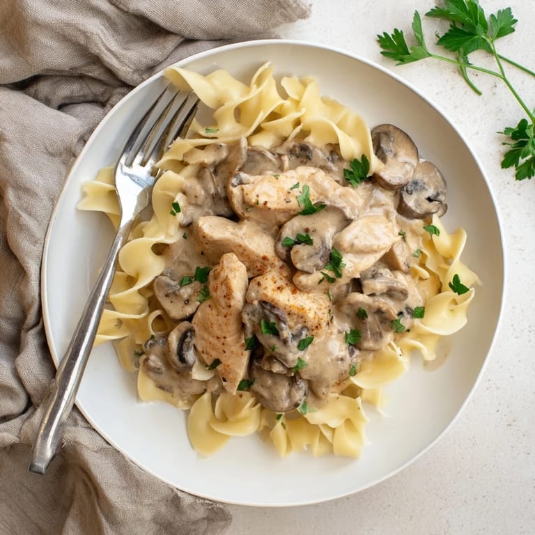 A hearty serving of Chicken and Mushroom Stroganoff features golden chicken, earthy mushrooms, and a rich, velvety sauce atop a bed of noodles.  
