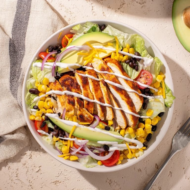 Hearty BBQ Chicken Salad with ranch drizzle, cherry tomatoes, and black beans served in a rustic setting.
