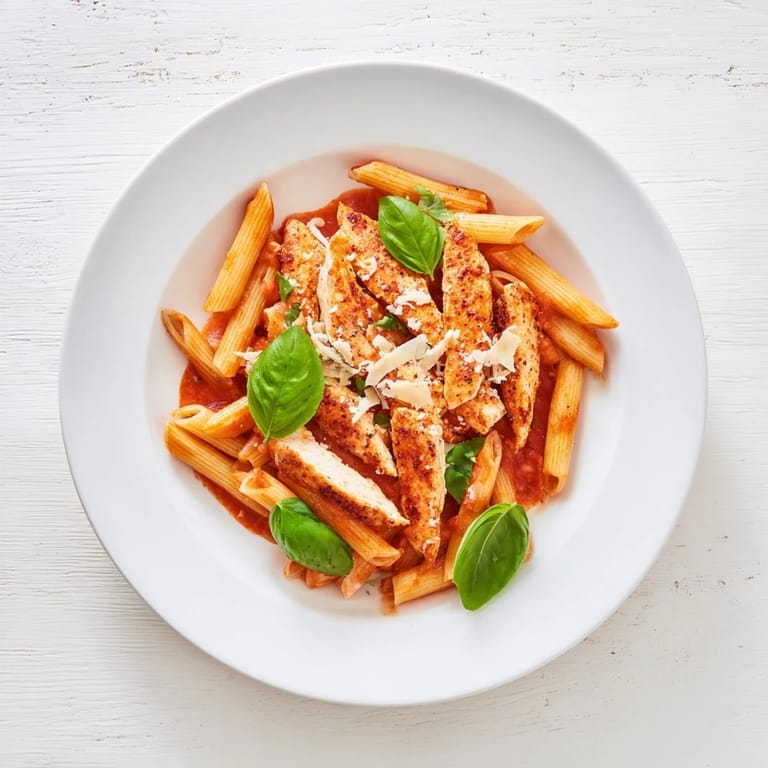 A close-up view of Spicy Tomato Chicken Pasta reveals juicy chicken, zesty chili-infused tomato sauce, and al dente penne.