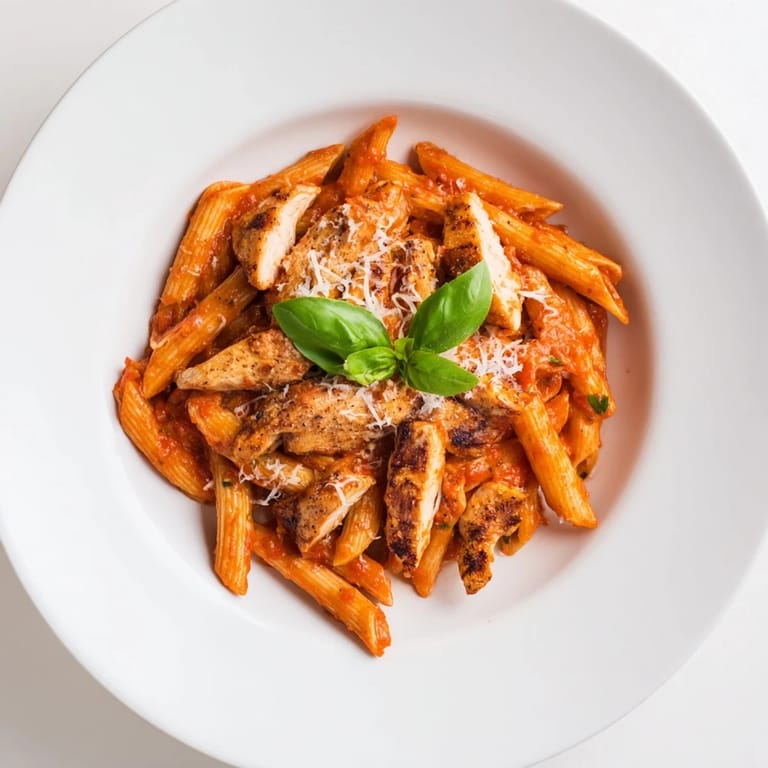Hearty Italian-American Spicy Tomato Chicken Pasta served in a white bowl, garnished with Parmesan and fresh basil leaves.