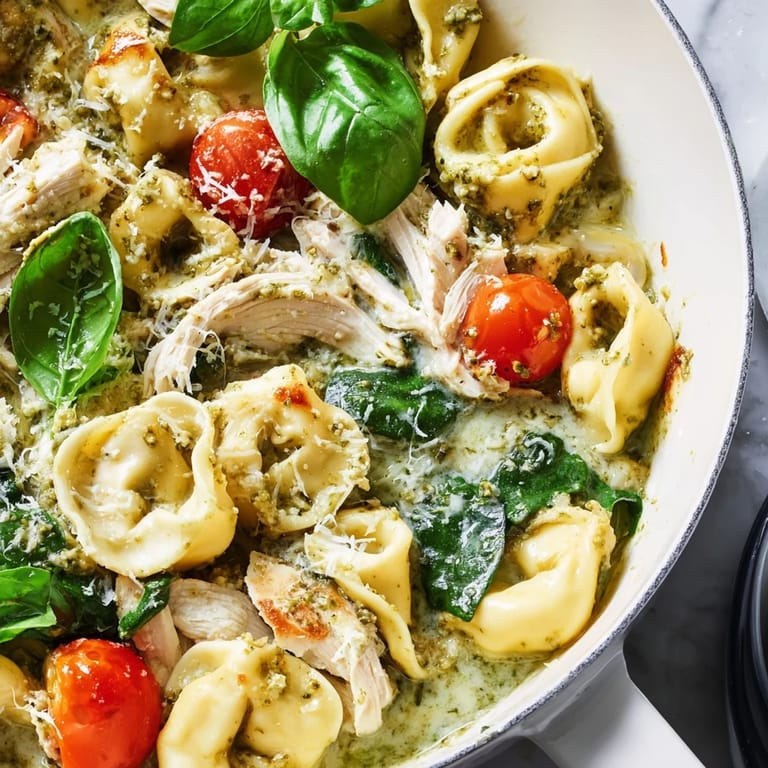 Golden, bubbling Creamy Pesto Tortellini Skillet garnished with fresh basil and cherry tomatoes.