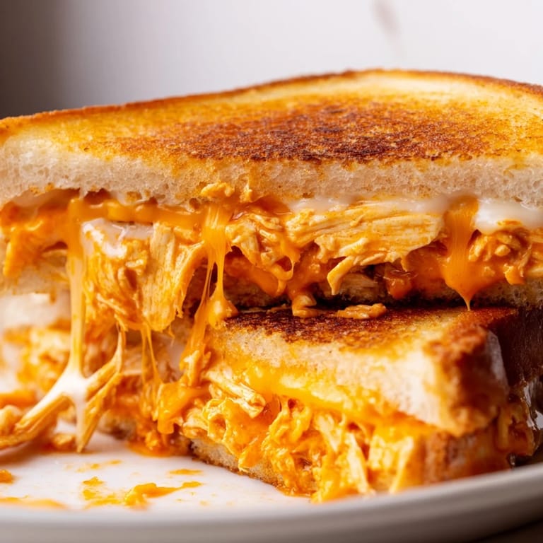 A close-up view of a hot, melted Buffalo Chicken Ranch Grilled Cheese, sliced to show the savory filling.  