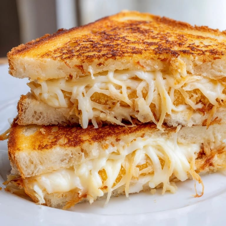A cross-section view of the Mozzarella Stick Grilled Cheese reveals layers of melted cheese and stretchy mozzarella sticks between toasted bread.