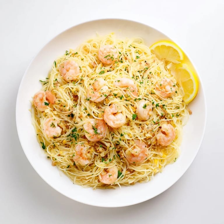 Steaming bowl of Lemon Butter Shrimp Pasta Lite, featuring succulent shrimp coated in a light buttery lemon sauce.