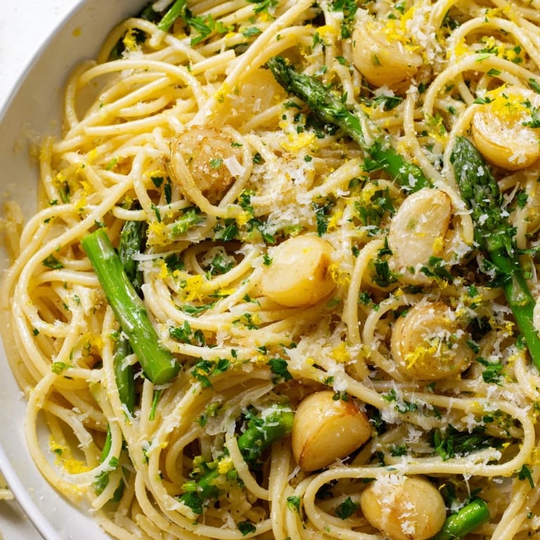 Finished with Parmesan and lemon zest, this vibrant Roasted Garlic & Asparagus Pasta shines with olive oil.