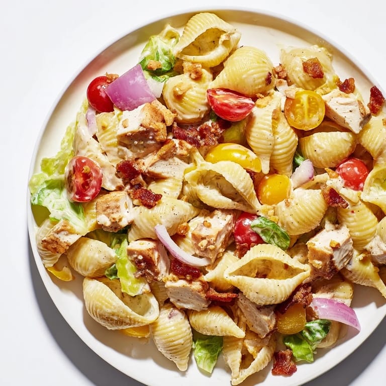 A close-up of BLT Chicken Pasta Salad in a white bowl, ready for a picnic lunch.