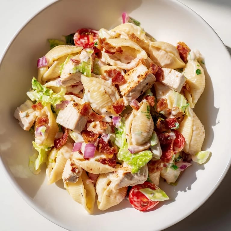 Hearty BLT Chicken Pasta Salad with tender pasta shells, fresh lettuce, and a light dressing.