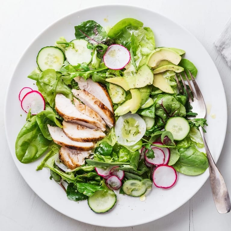 Zesty lemon vinaigrette glistens on tender greens, cucumber, radish, and grilled chicken in this Spring Detox Chicken Salad.