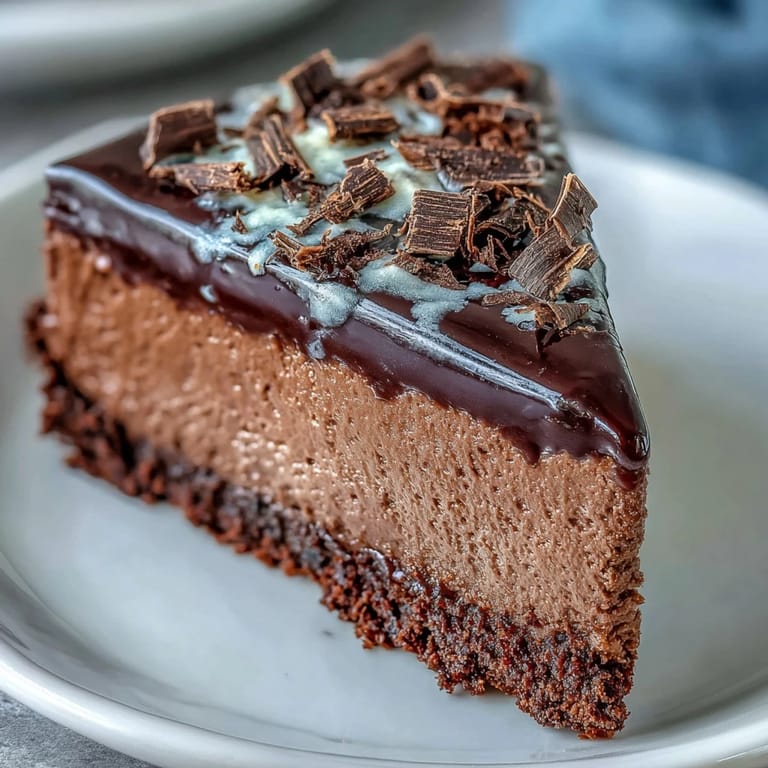 Rich, smooth, high-protein chocolate cheesecake with a graham cracker crust.