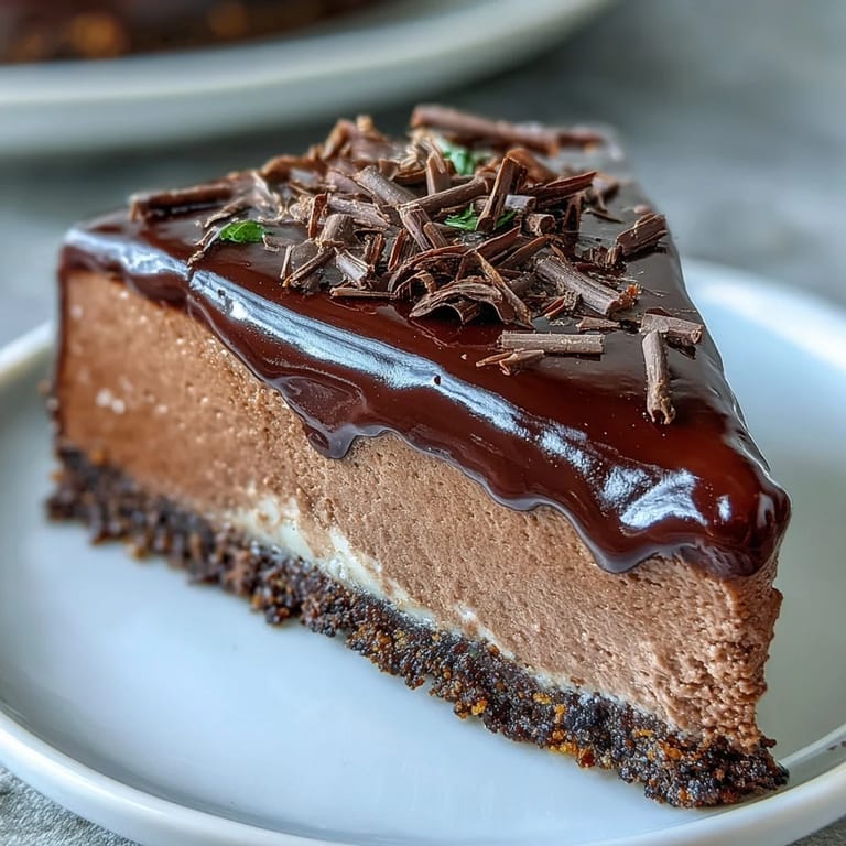 Enjoy a slice of dense Lighter Chocolate Cottage Cheese Cheesecake, perfect anytime.