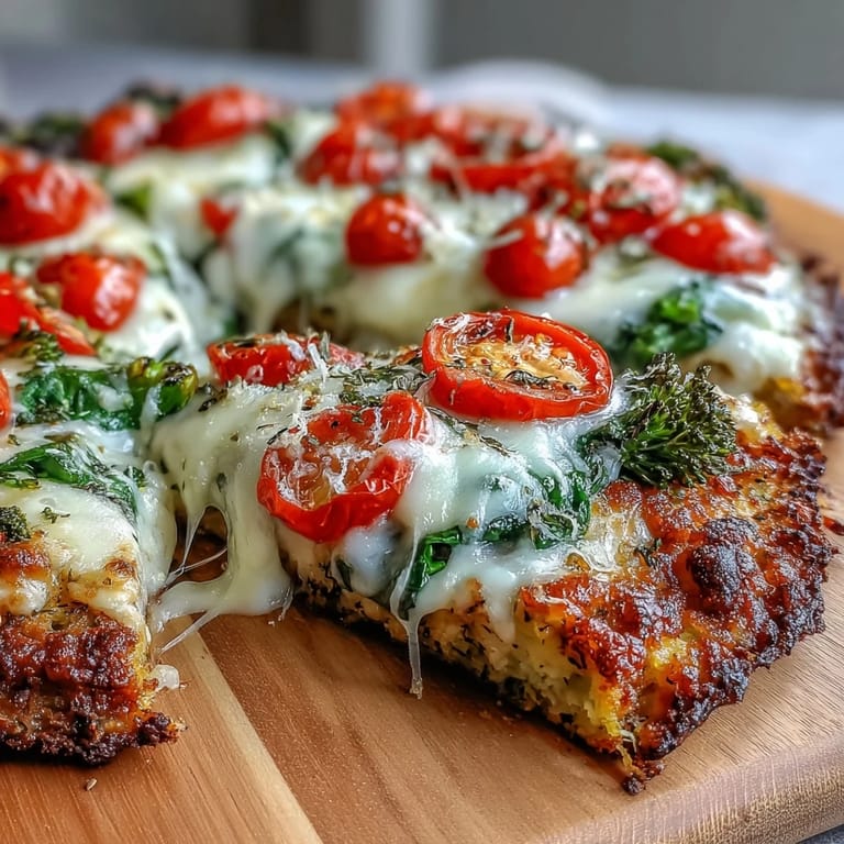 A freshly baked Broccoli Chicken Crust Pizza sliced into wedges, revealing a thick, savory base layered with spinach and melty mozzarella.  