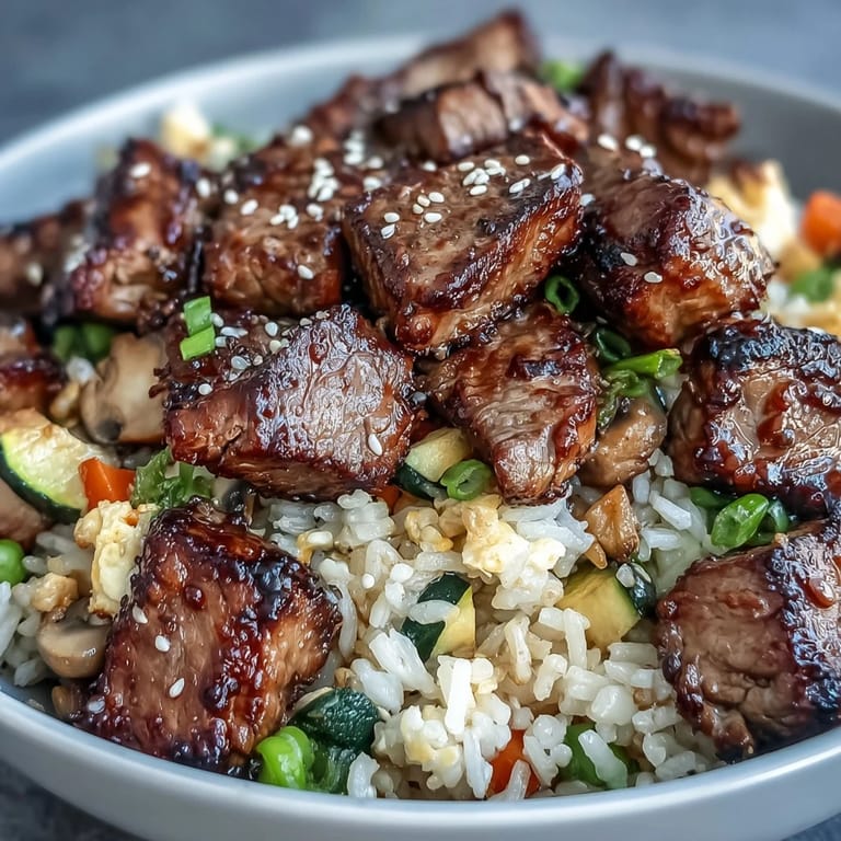 Jasmine rice is tossed with scrambled eggs, peas, and savory browned steak, creating a flavorful one-pan Easy Hibachi Steak With Fried Rice.