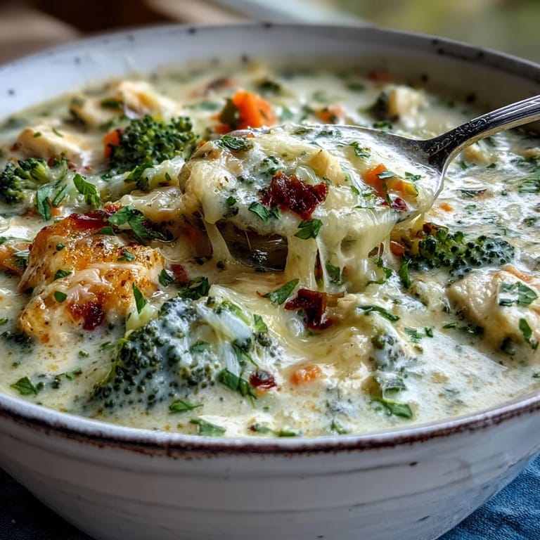 A hearty ladleful of Chicken Broccoli Cheddar Soup features tender chicken and bright broccoli florets.