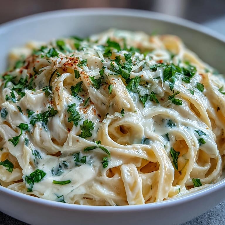 Tender fettuccine coated in luscious Easy Creamy Cauliflower Alfredo sauce, a quick weeknight meal.