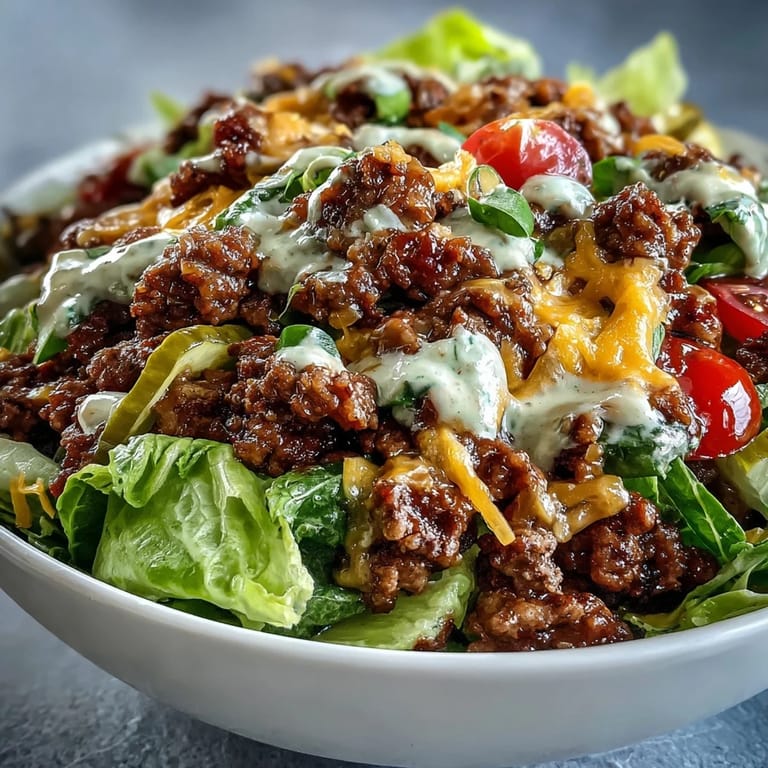 A serving of Easy Big Mac in a Bowl topped with diced pickles, red onion, and a drizzle of special sauce.