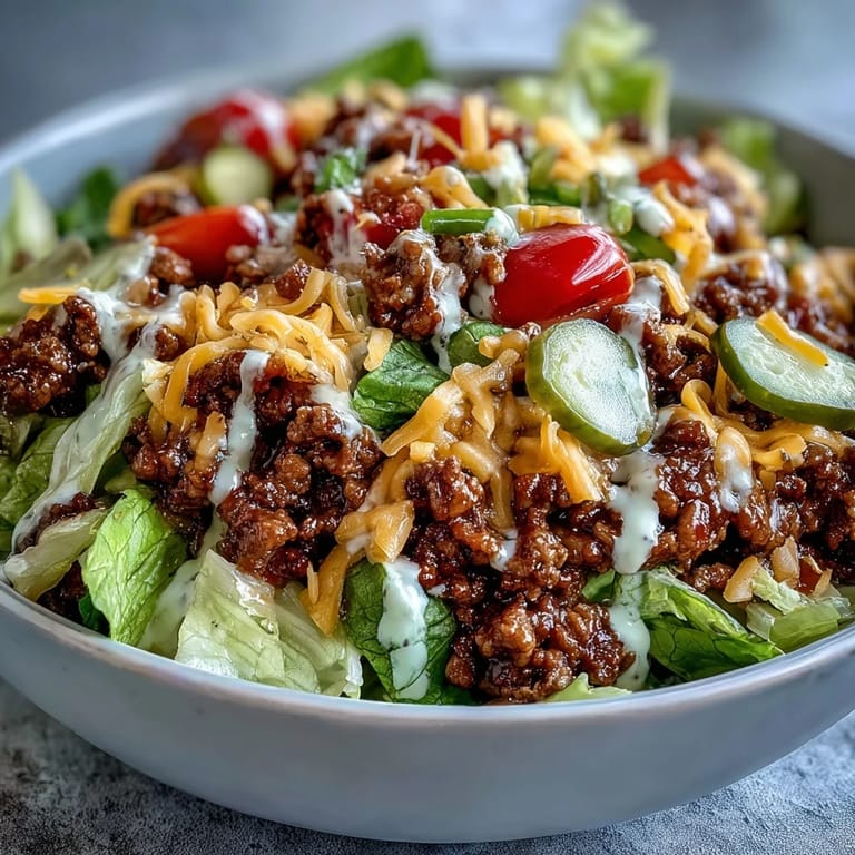 Overhead view of Easy Big Mac in a Bowl with cherry tomatoes, ground beef, and creamy sauce ready to serve.