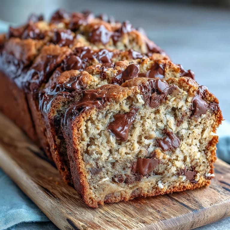 Healthy banana bread studded with melty chocolate chips, peanut butter, and rolled oats.