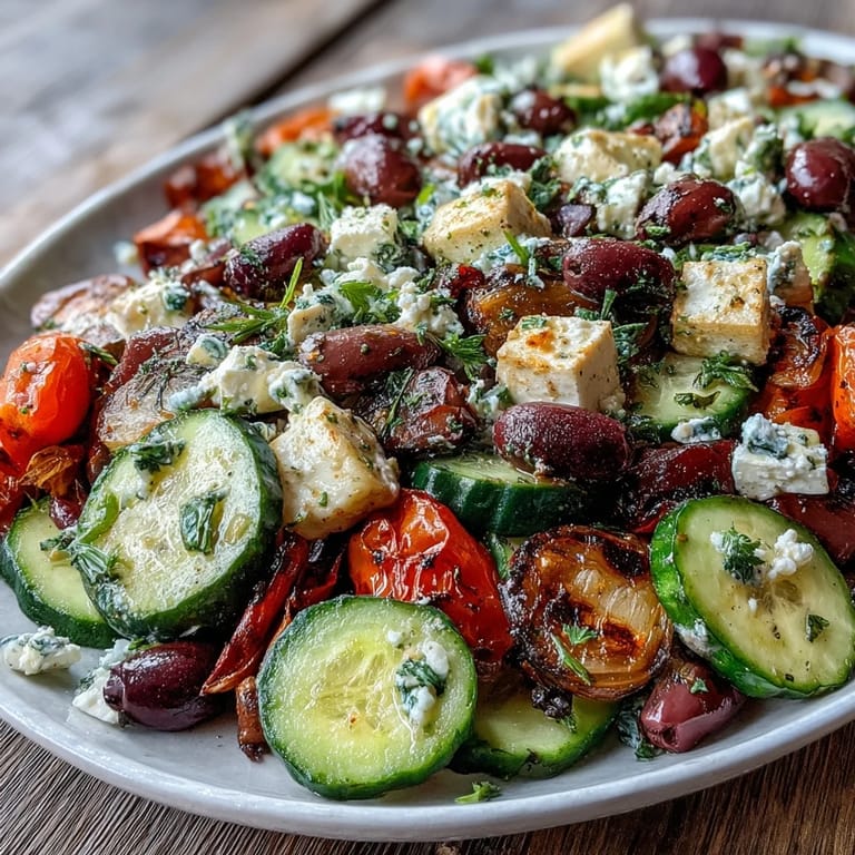 Bright roasted Greek salad featuring tender veggies, briny olives, and flaky feta.