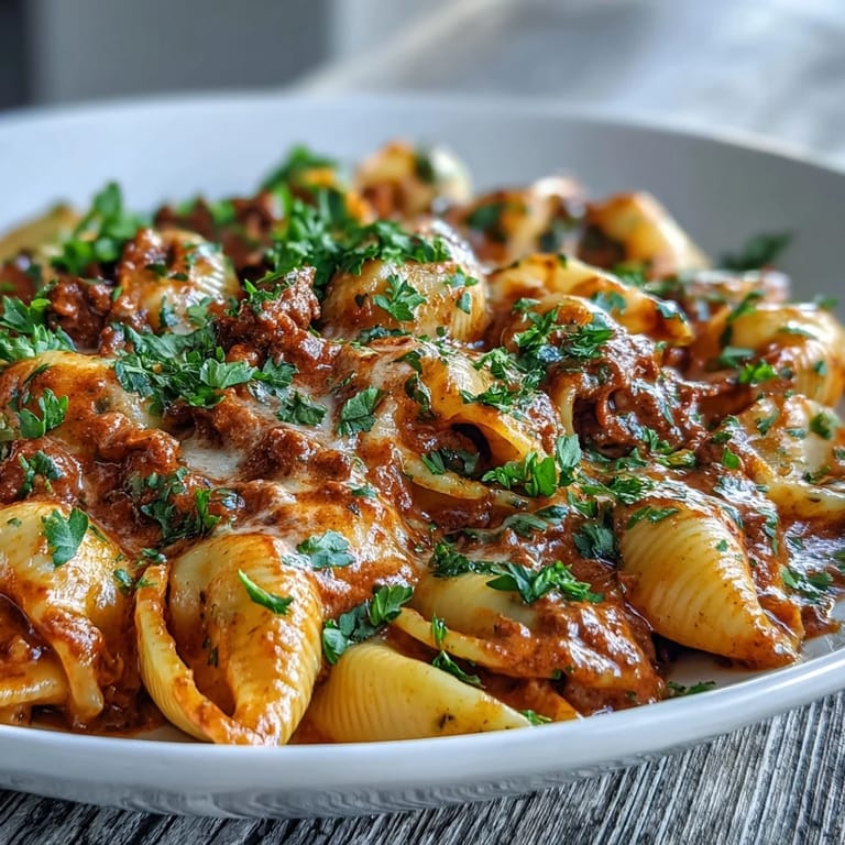 Close-up of a serving of One Pot Creamy Beef and Shells topped with parsley.