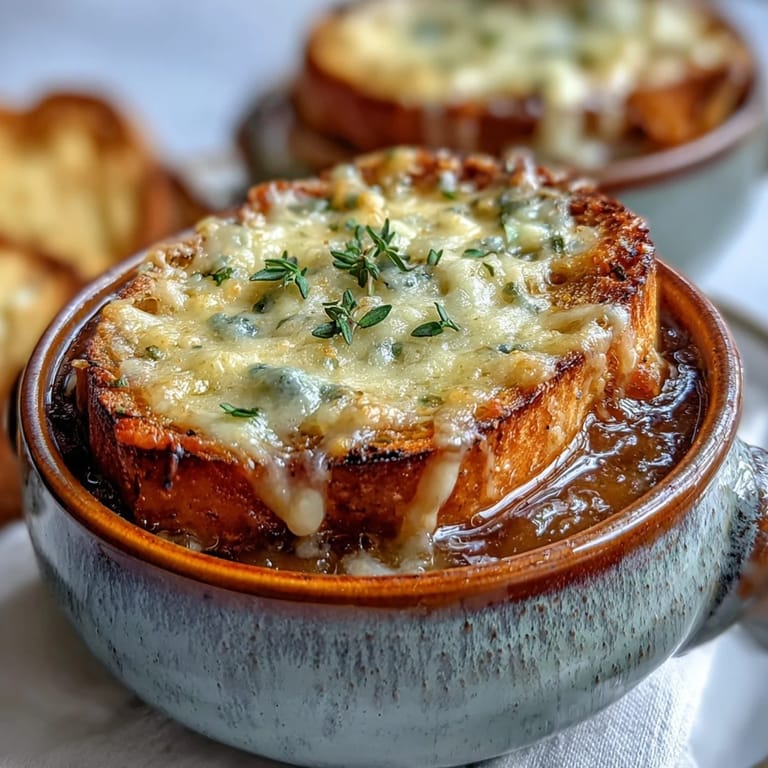 A rich pot of French Onion Soup garnished with thyme and a ladle ready to serve.