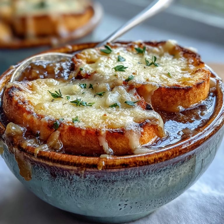 Comforting French Onion Soup served in rustic bowls, featuring caramelized onions and rich beef broth.