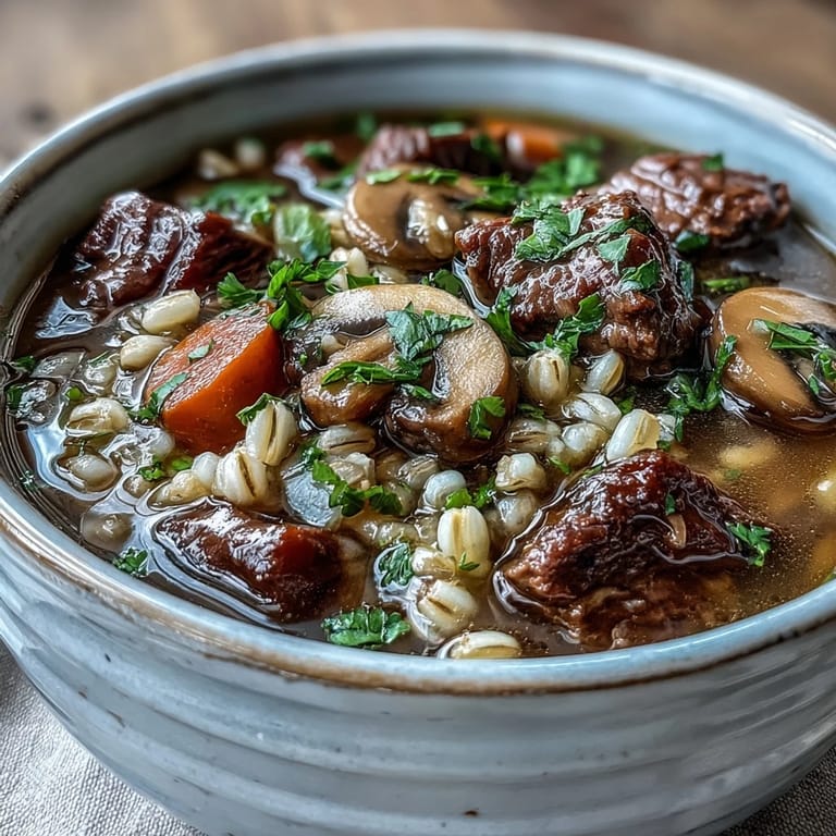 Beef and Barley Soup with Mushrooms simmering in a Dutch oven, showing smoky pancetta and pearl barley in a thick, savory broth.
