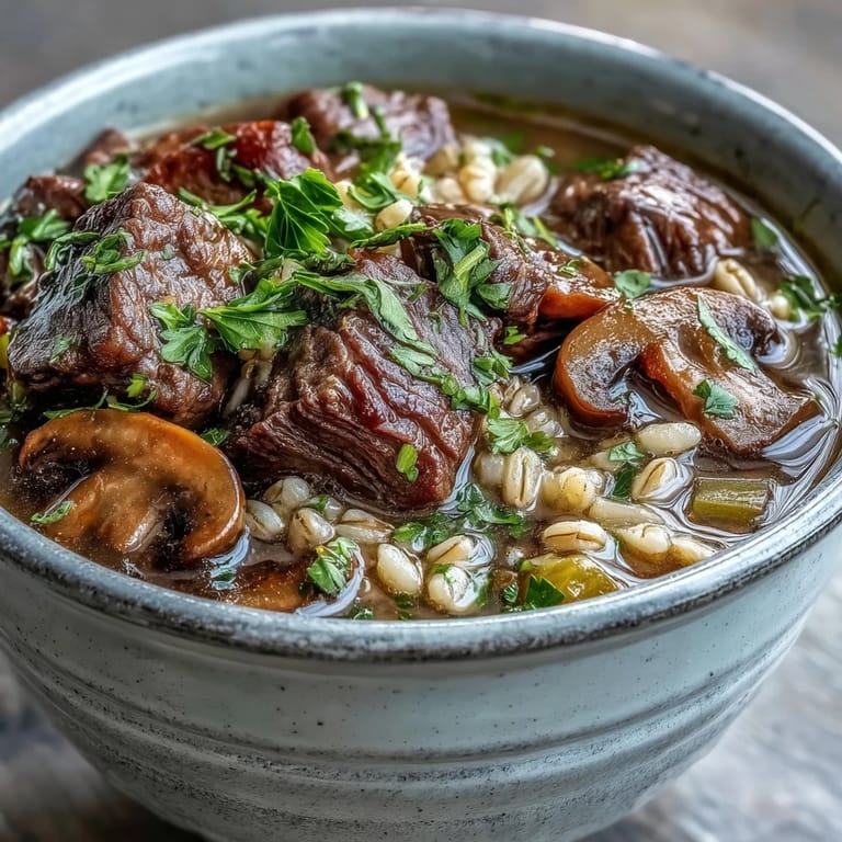 A hearty bowl of Beef and Barley Soup with Mushrooms, garnished with fresh parsley, served alongside crusty bread for a cozy lunch.