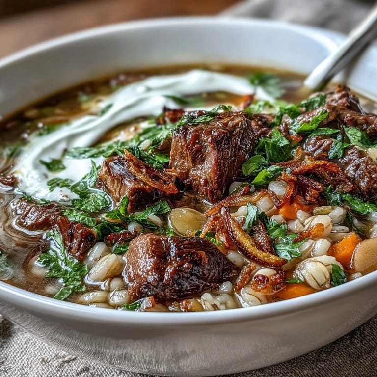 Steaming bowl of Persian Beef Barley Soup featuring tender beef, carrots, celery, and fresh herbs.