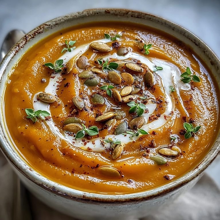 Creamy butternut squash soup steaming gently in a mug, topped with fresh thyme and a swirl of coconut milk.