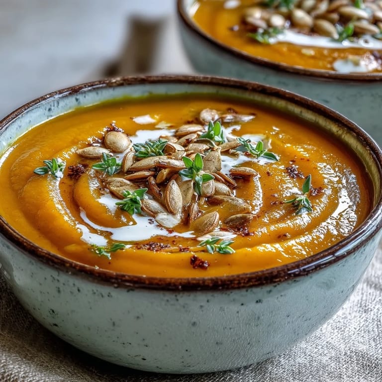 Velvety butternut squash soup served from a Dutch oven, garnished with pumpkin seeds and a warm slice of crusty bread.