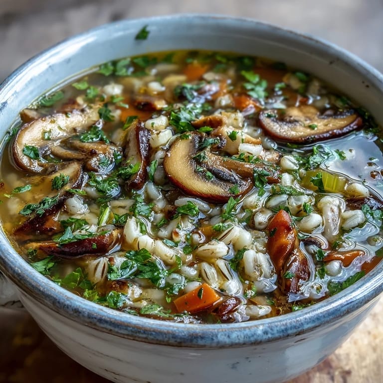Mushroom Barley Soup with fresh parsley garnish, paired with rye bread for a classic deli-style lunch.