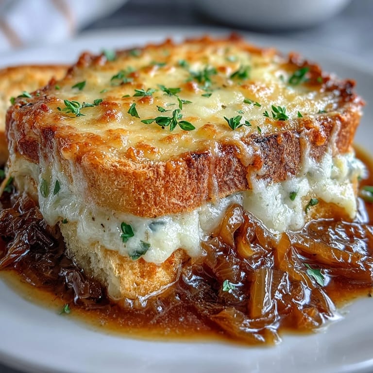 Steaming hot Classic French Onion Soup with caramelized onions and baguette slices.