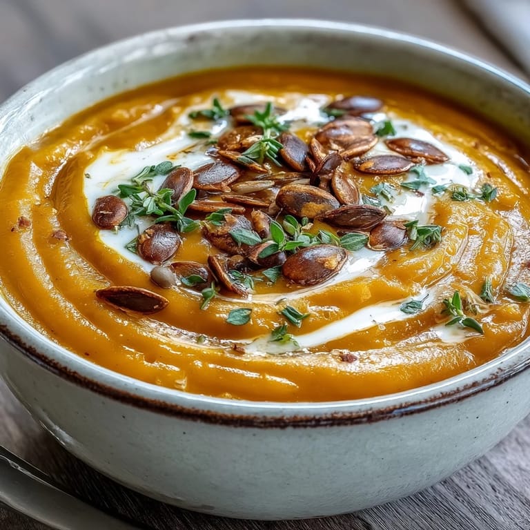 Smooth, velvety roasted butternut squash soup in a bowl with a swirl of cream and fresh thyme, ready to enjoy.