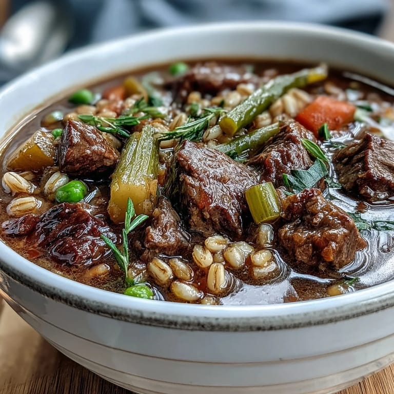 Tender beef and pearl barley simmered with carrots in a rich broth, served steaming in a rustic bowl.