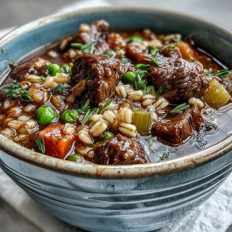 Comforting homemade Beef and Barley Soup, loaded with diced potatoes, peas, and herbs for a hearty meal.