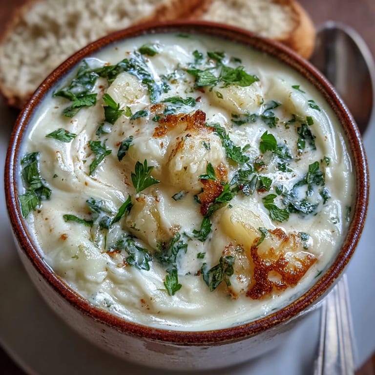 A close view of Creamy Potato Soup with Cabbage garnished with fresh parsley and a swirl of rich cream.