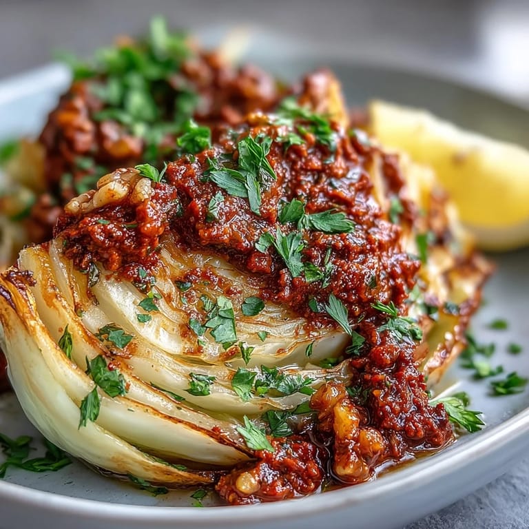 A hearty Baked Cabbage Salad with Winter Romesco plated beside extra sauce and lemon for a complete meal.
