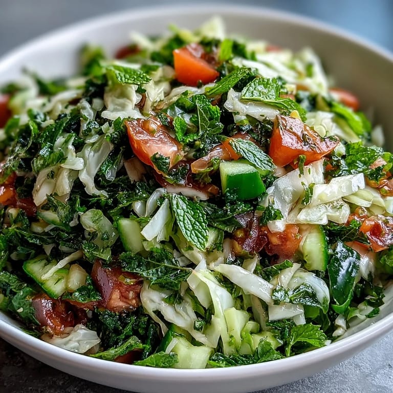 Tossed Lebanese Cabbage Salad featuring crisp shredded cabbage, diced tomatoes, cucumbers, and fresh herbs, served as a refreshing side.