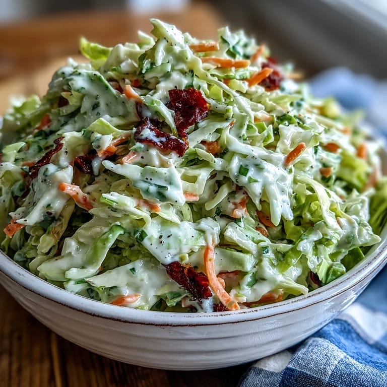 Vibrant green and orange Coleslaw with creamy dressing on a rustic table, ready to be served.
