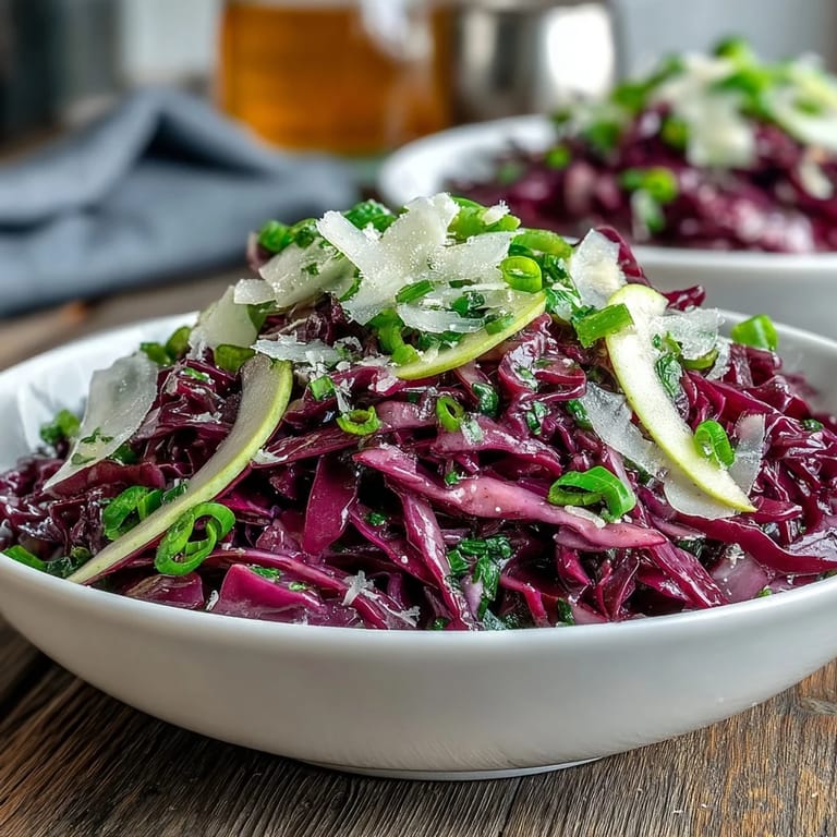 Freshly tossed Red Cabbage Coleslaw with Apple and Parmesan garnished with parsley on a rustic plate.