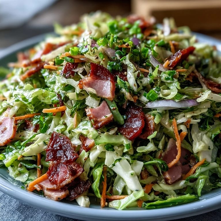 Colorful bowl of German Cabbage Coleslaw With Shredded Ham topped with chopped parsley, served alongside grilled sausages and warm pretzels for a hearty meal.