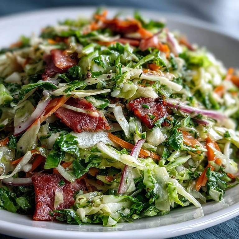 Close-up view of German Cabbage Coleslaw With Shredded Ham featuring shredded smoked ham, crunchy cabbage, and carrots in a glossy apple cider vinegar dressing.
