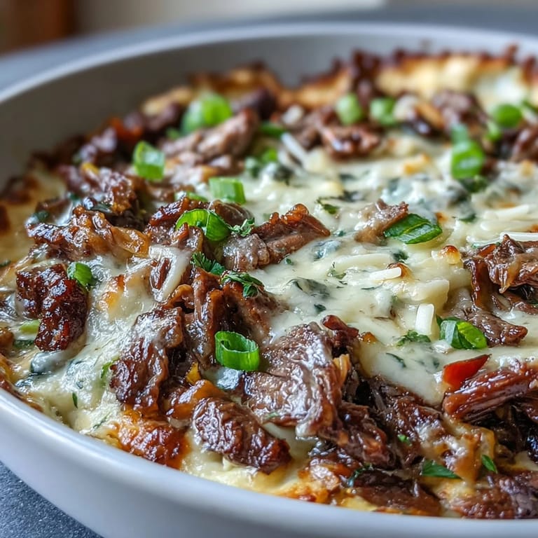 Bubbly and golden Philly Cheesesteak Dip straight from the oven, perfect for game day.