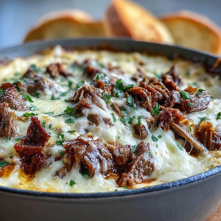 Spoonful of creamy Philly Cheesesteak Dip revealing shaved ribeye, peppers, and onions on crostini.
