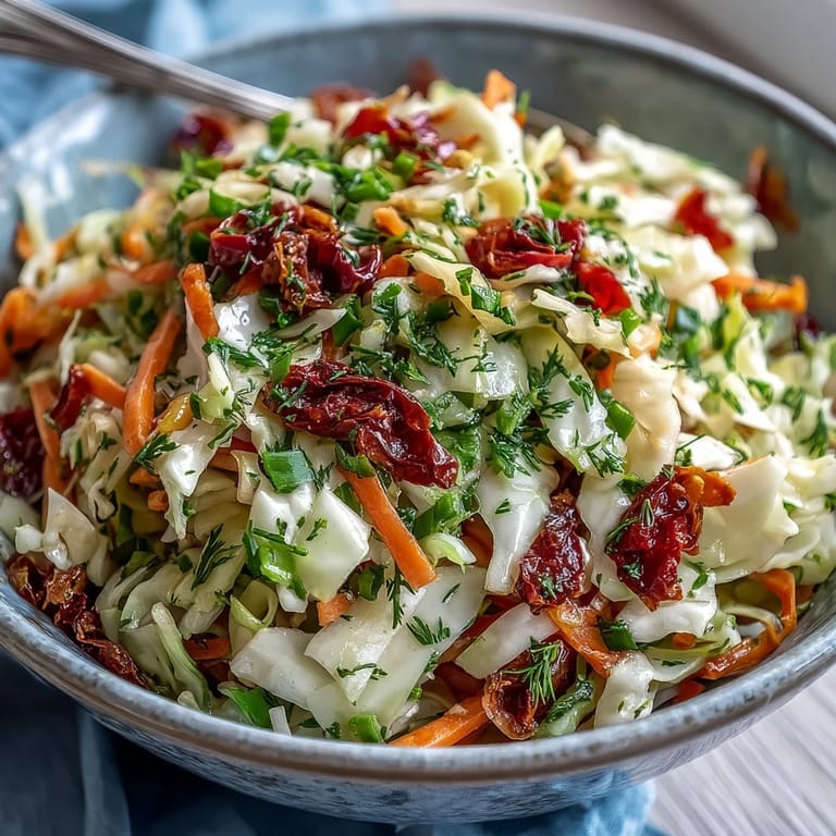 Freshly tossed Cabbage Salad With Sundried Tomatoes, featuring julienned carrots, red bell pepper, and a bright, herby vinaigrette.