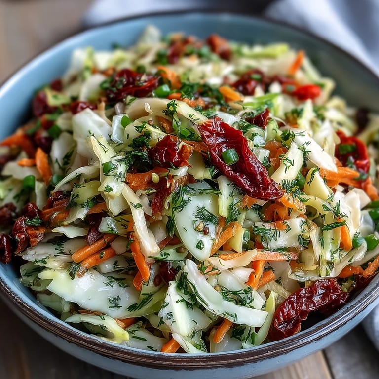 Colorful Cabbage Salad With Sundried Tomatoes served in a white bowl, topped with chopped parsley and dill for extra freshness.